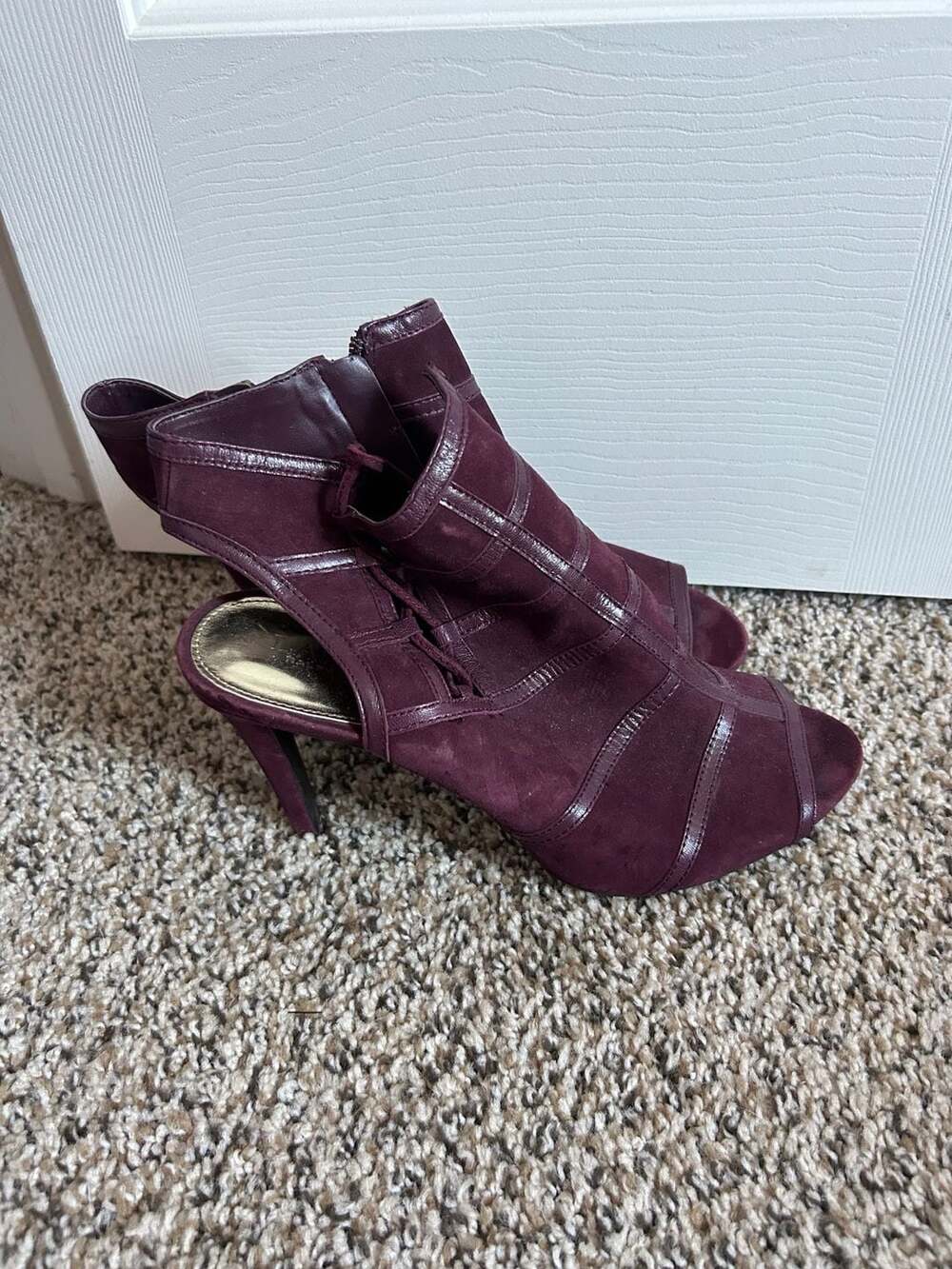 Ralph Lauren Mimi Burgundy Suede Peep Toe Bootie Heels